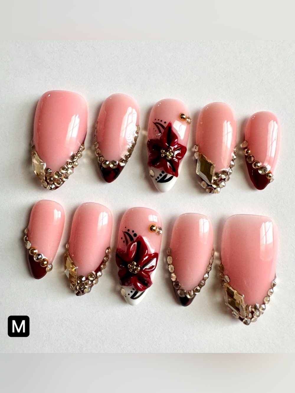 Nude Pink & Red Floral Embellished Press-On Nails